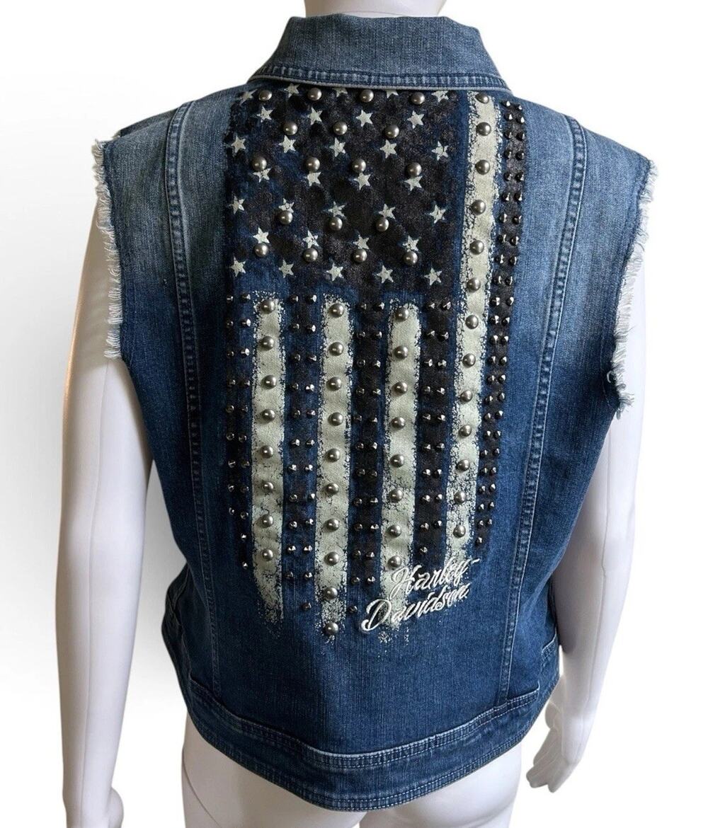 Harley-Davidson 96859-19VW Women L Flag Denim Vest Studded American Biker RARE